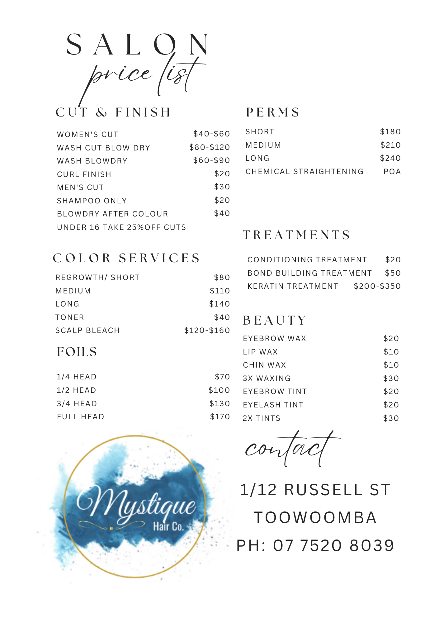 Mystique Hair Co Toowoomba Hairdressing & Barbering Pricelist